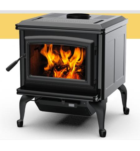 Kanadská kamna Pacific Energy SUPER CLASSIC černý smalt, černé dveře, černá mřížka, černé nožičky a popelníkový systém