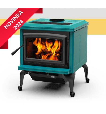 Kanadská kamna Pacific Energy SUPER CLASSIC Pacific Teal, černé dveře, černá mřížka, černé nožičky a popelníkový systém