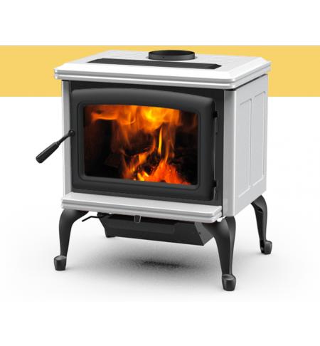 Kanadská kamna Pacific Energy VISTA CLASSIC bílý smalt, černé dveře, černá mřížka, černé nožičky a popelníkový systém